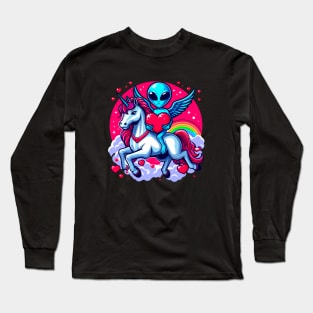 Funny Valentine Day Believer Ufo Alien Riding Unicorn Long Sleeve T-Shirt